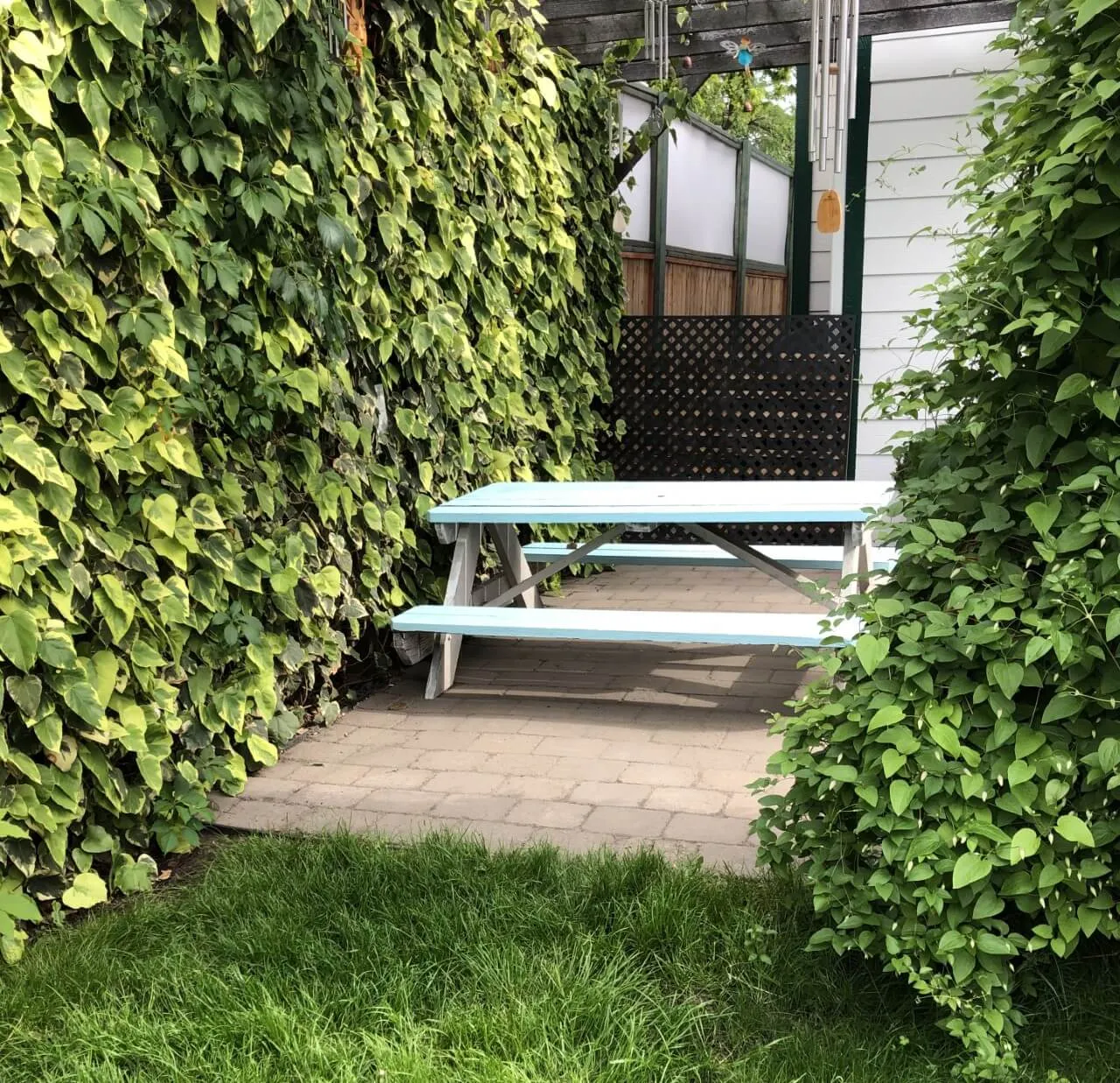 A children’s picnic table in the outdoor area